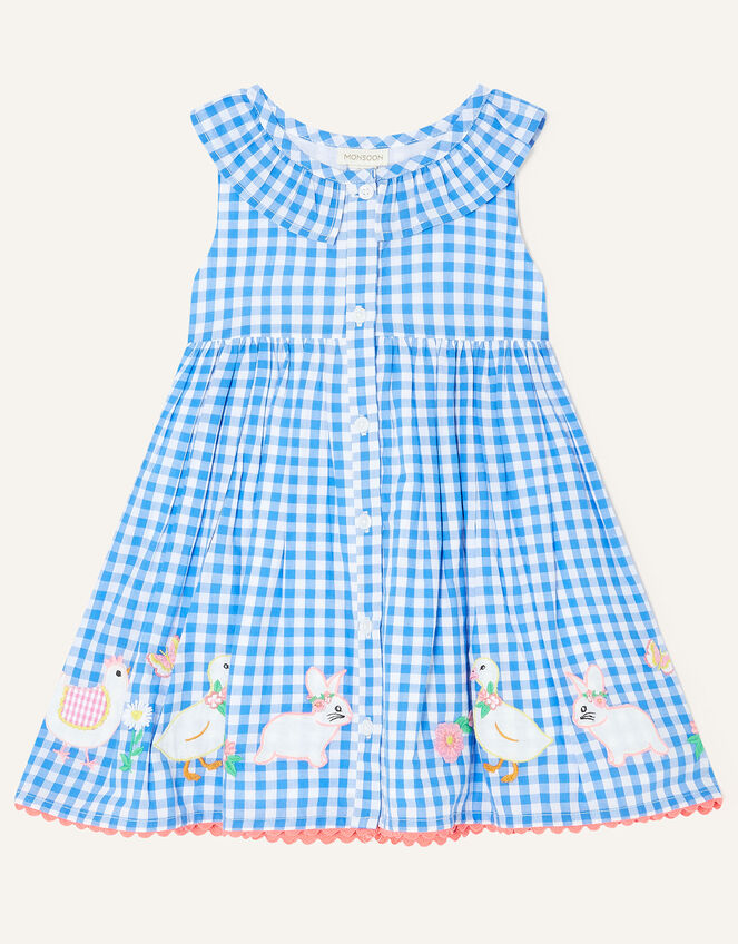Baby Gingham Animal Hem Dress, Blue (BLUE), large