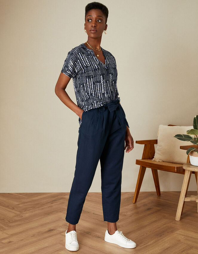 Print Button Short Sleeve Top in Linen Blend	, Blue (NAVY), large