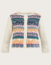 Hand Crochet Jacquard Cardigan in Sustainable Cotton, Ivory (IVORY), large