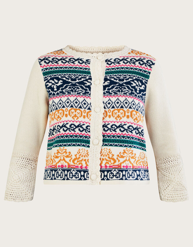 Hand Crochet Jacquard Cardigan in Sustainable Cotton, Ivory (IVORY), large