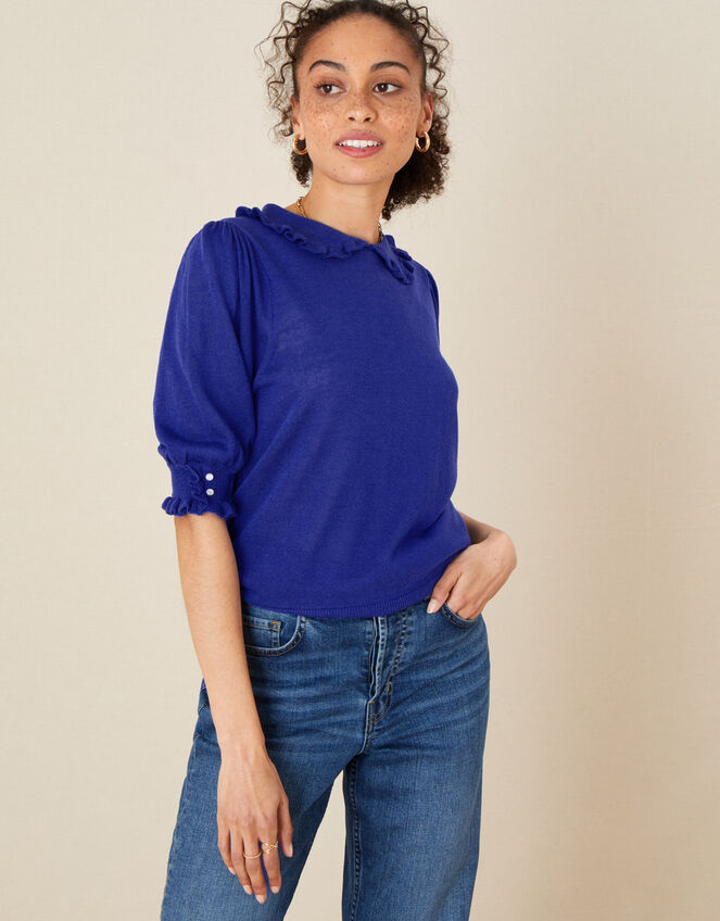 Ruffle Collar Jumper in Linen Blend, Blue (BLUE), large