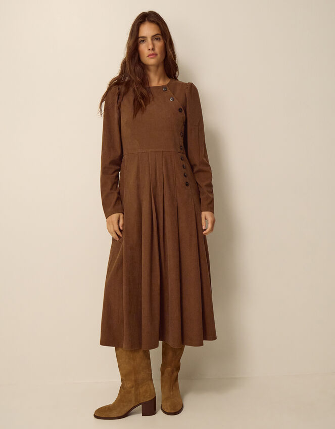 Silvia Button Stretch Corduroy Midi Dress, Tan (TAN), large