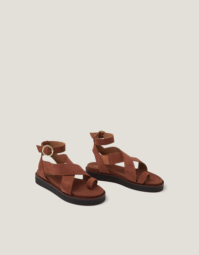 Ivy Toe Strap Crossover Suede Sandals, Tan (TAN), large