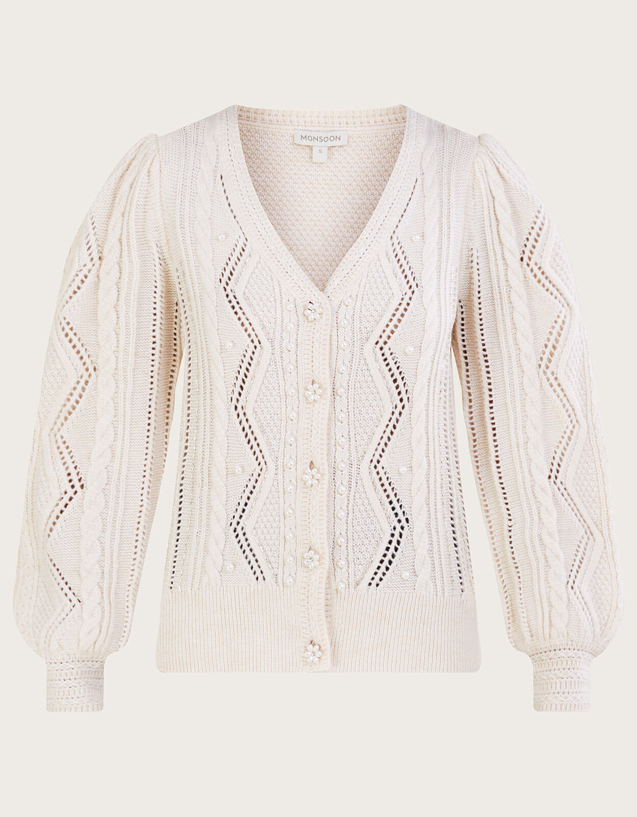 Cable Pearl Cardigan with Recycled Polyester Ivory