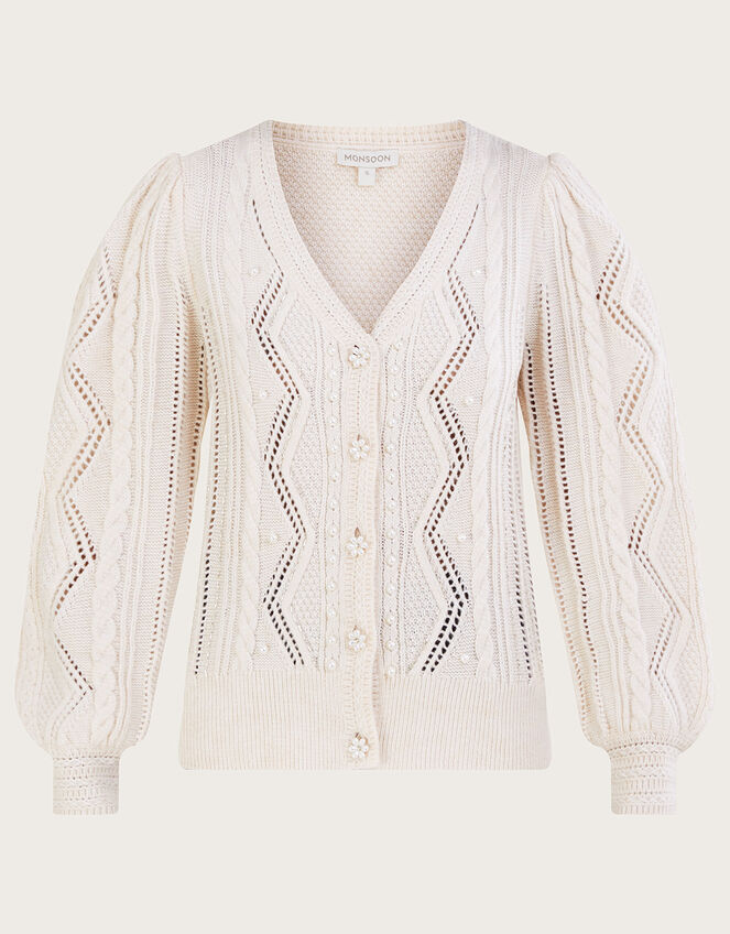 Cable Pearl Cardigan with Recycled Polyester, Ivory (IVORY), large