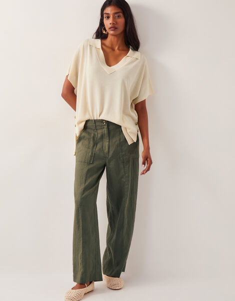 Jolie Short Wide Leg Linen Trousers, Green (KHAKI), large