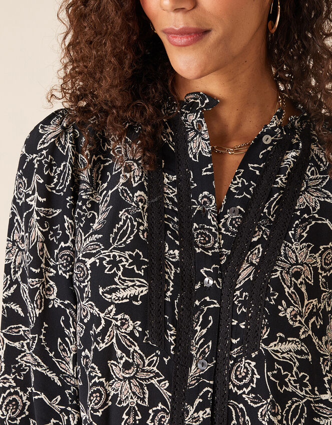 Lace Trim Floral Blouse in Sustainable Viscose, Black (BLACK), large