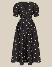 Amara Polka Dot Belted Midi Dress, Black (BLACK), large