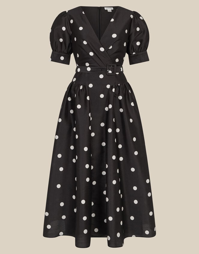 Amara Polka Dot Belted Midi Dress, Black (BLACK), large