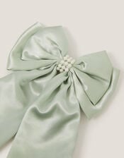 Long Pearl Satin Bow Hair Clip, Green (SAGE), large