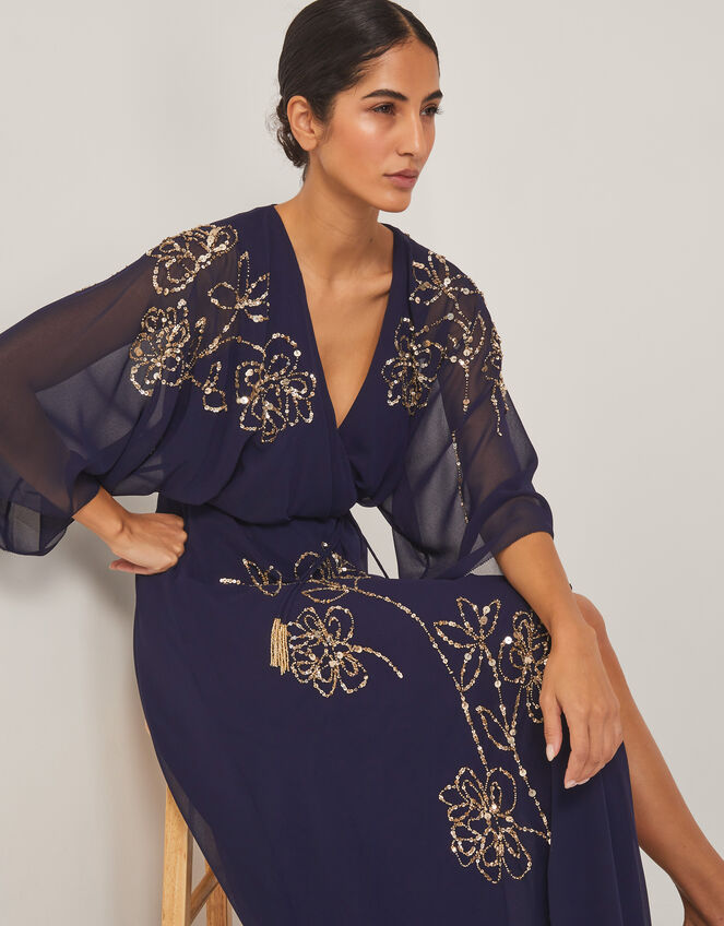 Skyla Floral Embellished Maxi Wrap Dress, Blue (NAVY), large