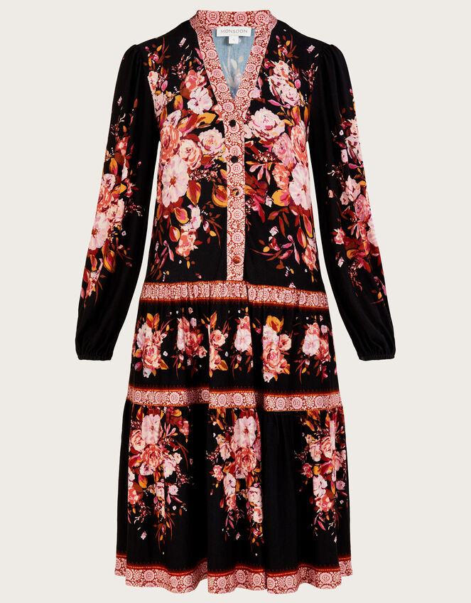 Floral Placement Print Jersey Dress, Black (BLACK), large