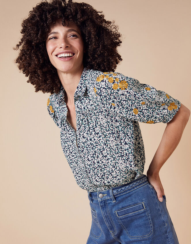 Ditsy Floral Embroidered Shirt in Sustainable Viscose, Ivory (IVORY), large