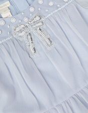 Long Sleeve Bow Beaded Ruffle Dress, Blue (BLUE), large