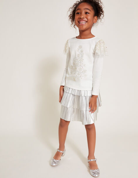 Long Sleeve Embellished Christmas Tree Top, Ivory (IVORY), large