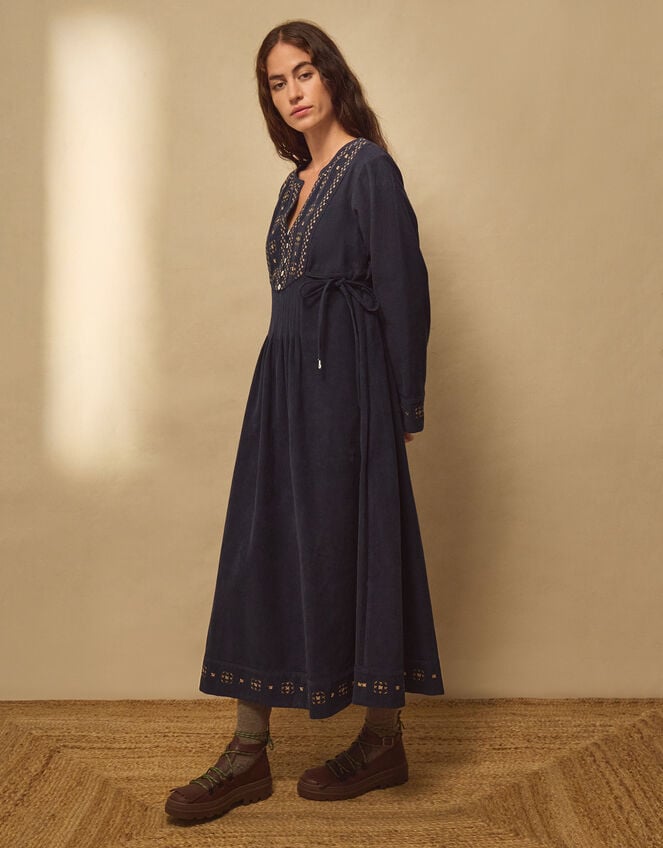 East Anita&nbsp;Embroidered Corduroy Midi Dress, Blue (NAVY), large