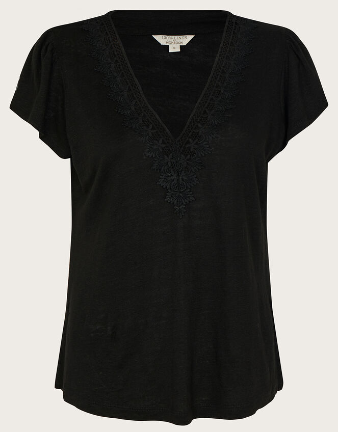 Lace V-Neck Short Sleeve Top in Linen Blend, Black (BLACK), large