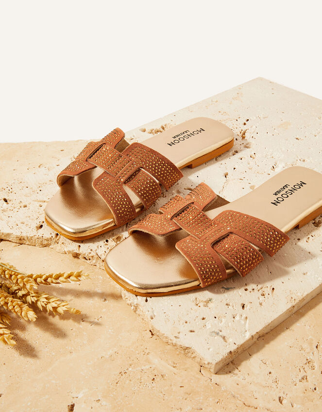 Embellished Heat-Seal Suede Flat Sandals, Gold (GOLD), large