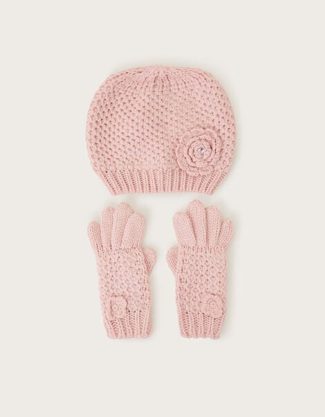 Flower Beanie and Gloves Set, Pink (PINK), large