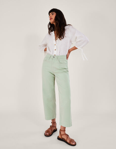 Wide Leg Crop Denim Trousers, Green (SAGE), large