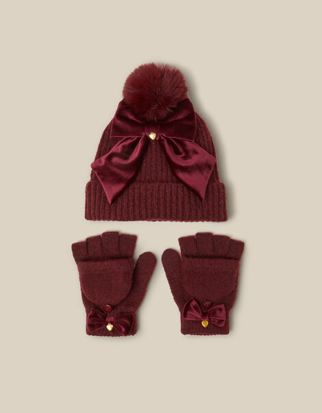 Velvet Bow Bobble Hat & Gloves Set, Red (BURGUNDY), large
