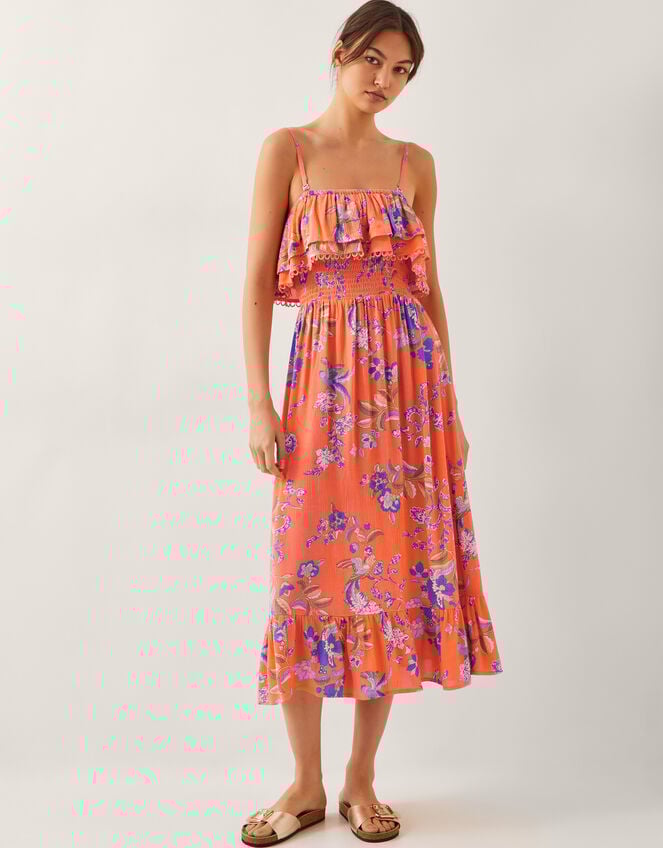 Kaia Floral Frill Midi Dress, Orange (ORANGE), large