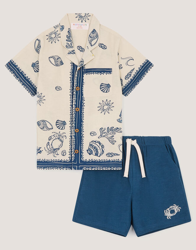 Shell Print Shirt & Shorts Set, Blue (NAVY), large