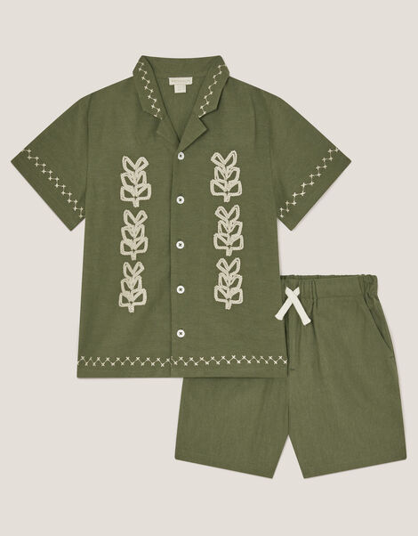 Embroidered Shirt and Shorts Set, Green (KHAKI), large