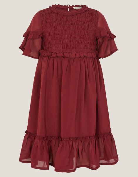 Frilly Smocked Satin Dress, Red (BURGUNDY), large