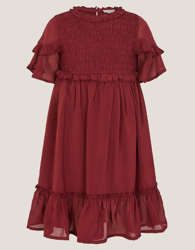 Frilly Smocked Satin Dress, Red (BURGUNDY), large