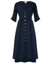 Button-Through Midi Dress in Pure Linen, Blue (NAVY), large