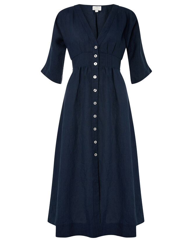 Button-Through Midi Dress in Pure Linen, Blue (NAVY), large