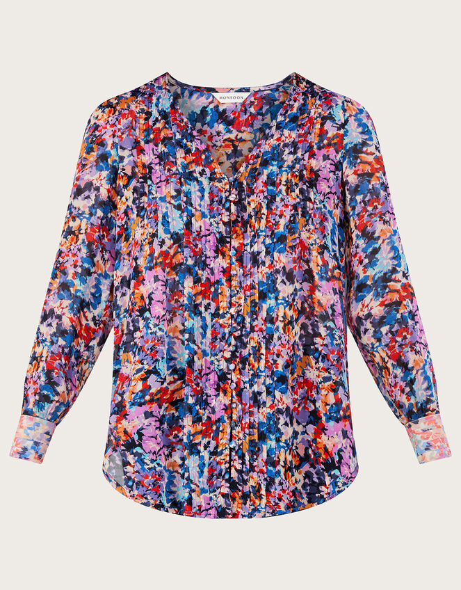 Palmer Print Pleated Blouse, Ivory (IVORY), large