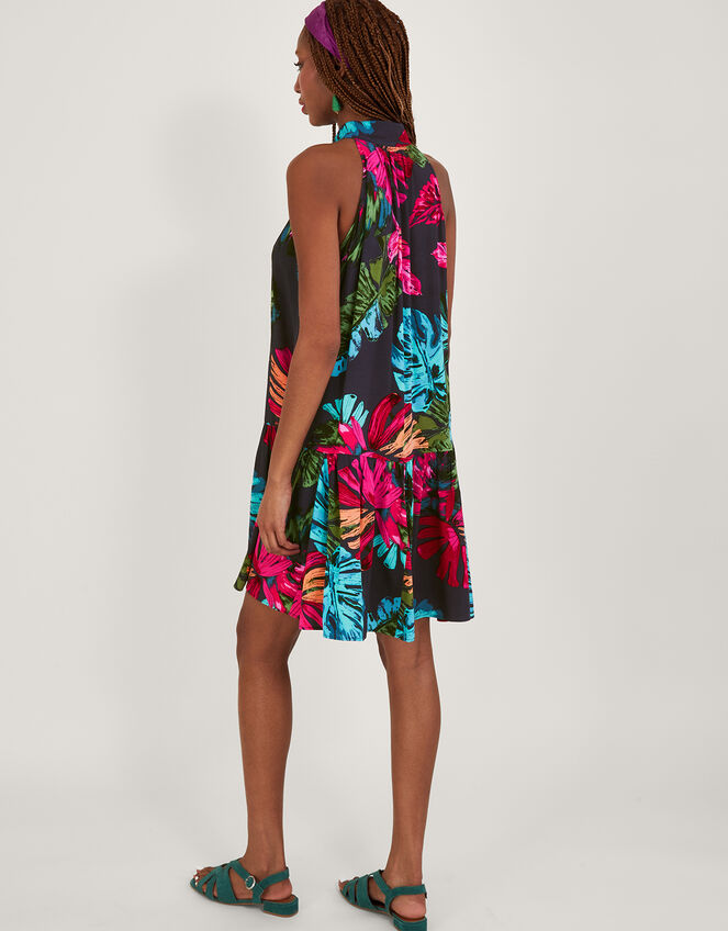 Bria Palm Print Halter Dress, Blue (MIDNIGHT), large