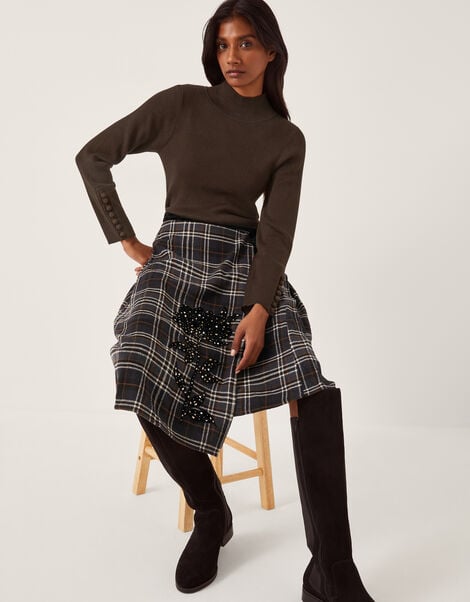 Rue Embellished Tartan Wrap Midi Skirt, Black (BLACK), large