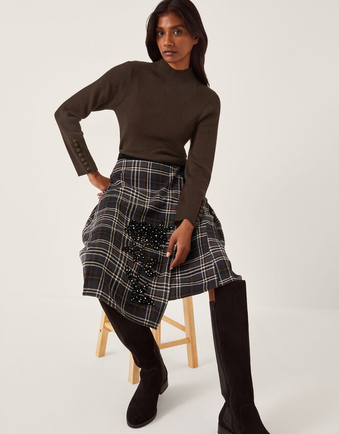 Rue Embellished Tartan Wrap Midi Skirt, Black (BLACK), large