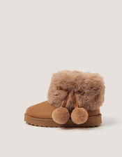 Fluffy Pom Ankle Boots, Tan (TAN), large