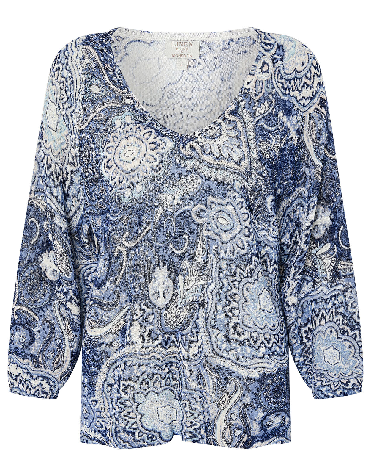 Paisley Print Jumper in Linen Blend Blue Jumpers Monsoon ROI
