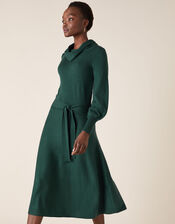 Cowl Neck Belted Knit Dress, Teal (TEAL), large
