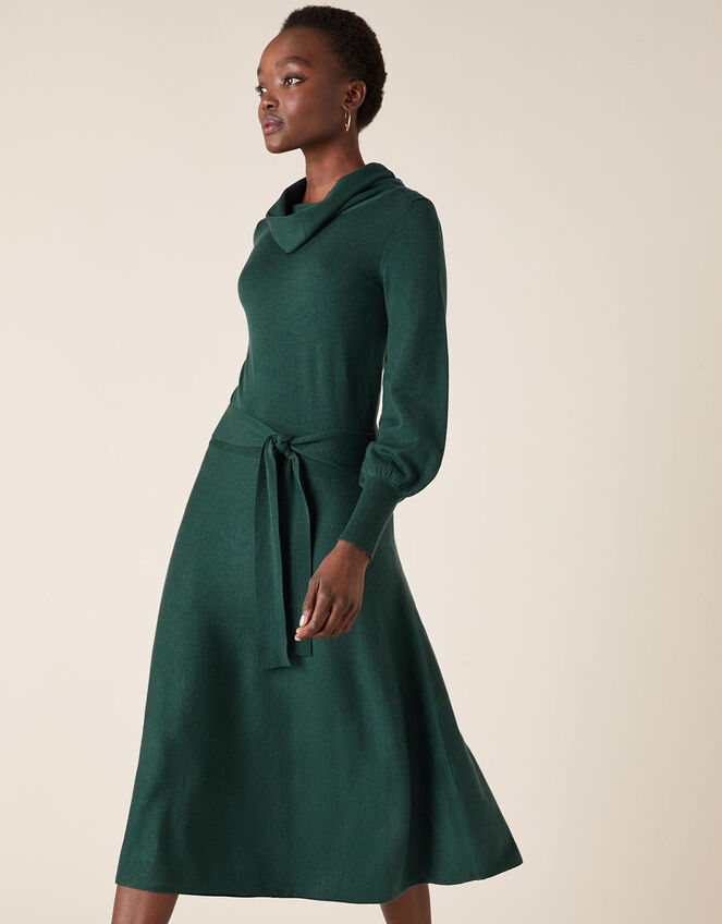 Cowl Neck Belted Knit Dress, Teal (TEAL), large