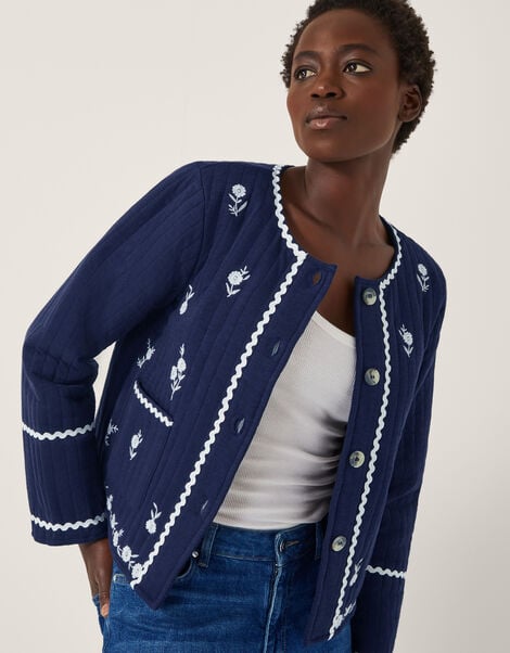 Evie Embroidered Floral Quilted Jacket, Blue (NAVY), large