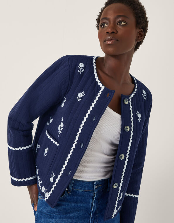 Evie Embroidered Floral Quilted Jacket, Blue (NAVY), large