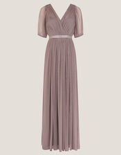 Ellie Sheer Sleeve Plunge Tulle Maxi Dress, Mink (MINK), large