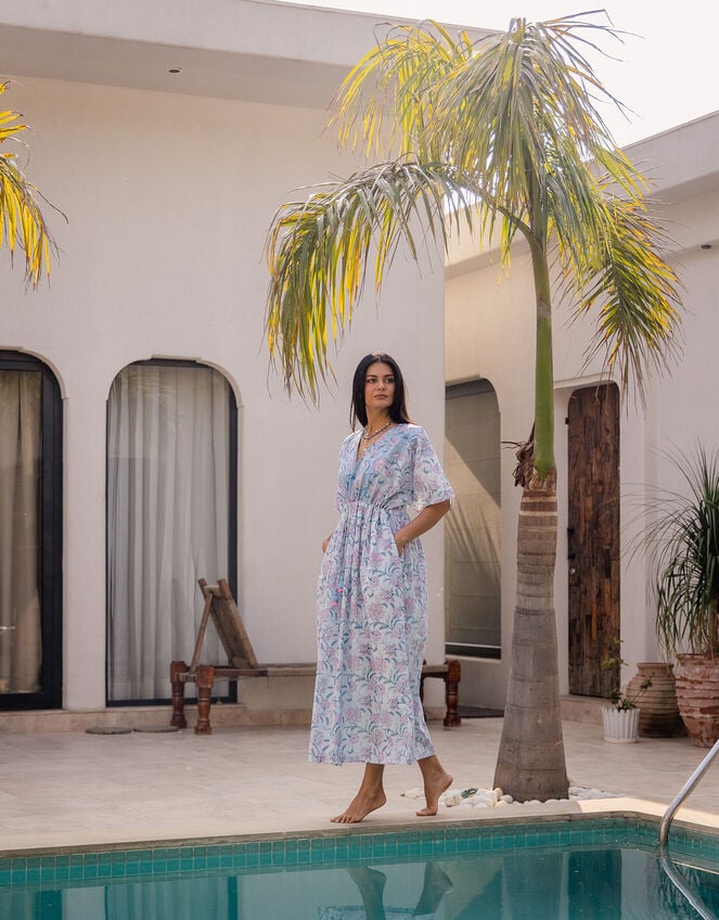 Dilli Grey Tilly Floral Stripe Midi Kaftan Dress, Blue (BLUE), large