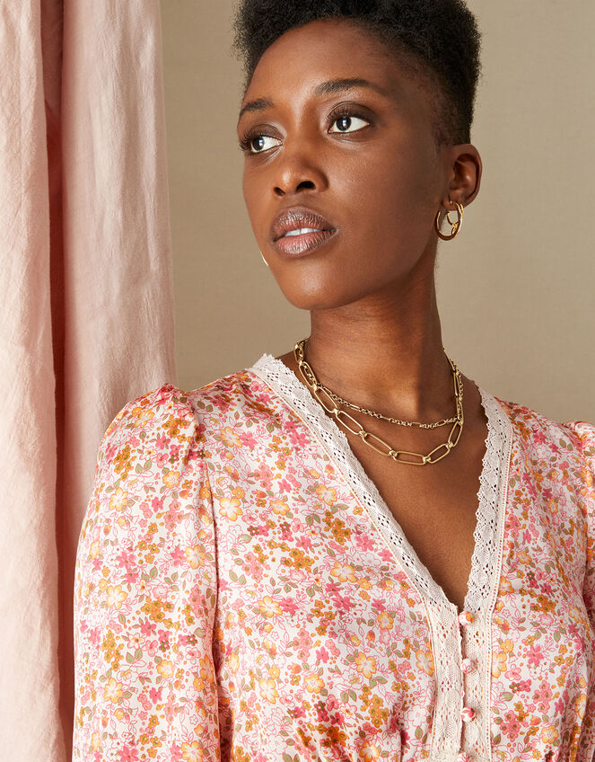 Ditsy Print Button Through Blouse with Recycled Polyester, Cream (CREAM), large