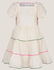 Crochet Broderie Puff-Sleeve Dress, Ivory (IVORY), large