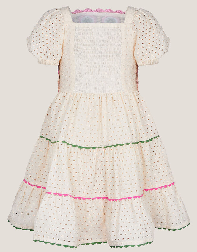 Crochet Broderie Puff-Sleeve Dress, Ivory (IVORY), large