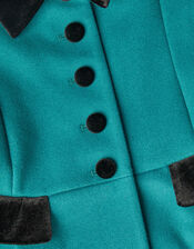 Velvet Trim Skirted Wool Blend Coat, Teal (TEAL), large