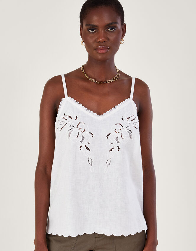 Cutwork Embroidery Cami Top in Linen Blend, Ivory (IVORY), large