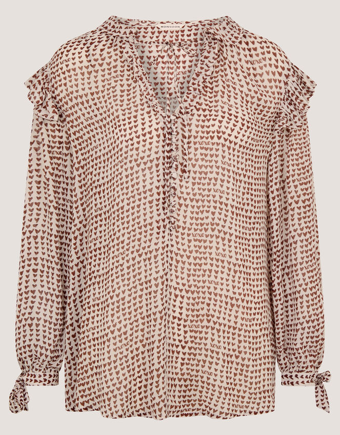 Hope Heart Print Blouse, Brown (CHOCOLATE), large